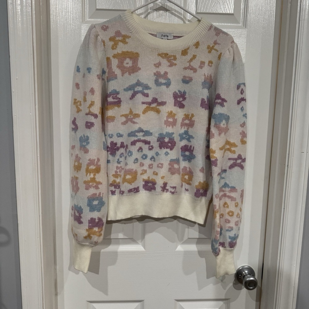 New FATE Women's Medium Long Balloon Sleeve Print Pullover Sweater Colorful Knit